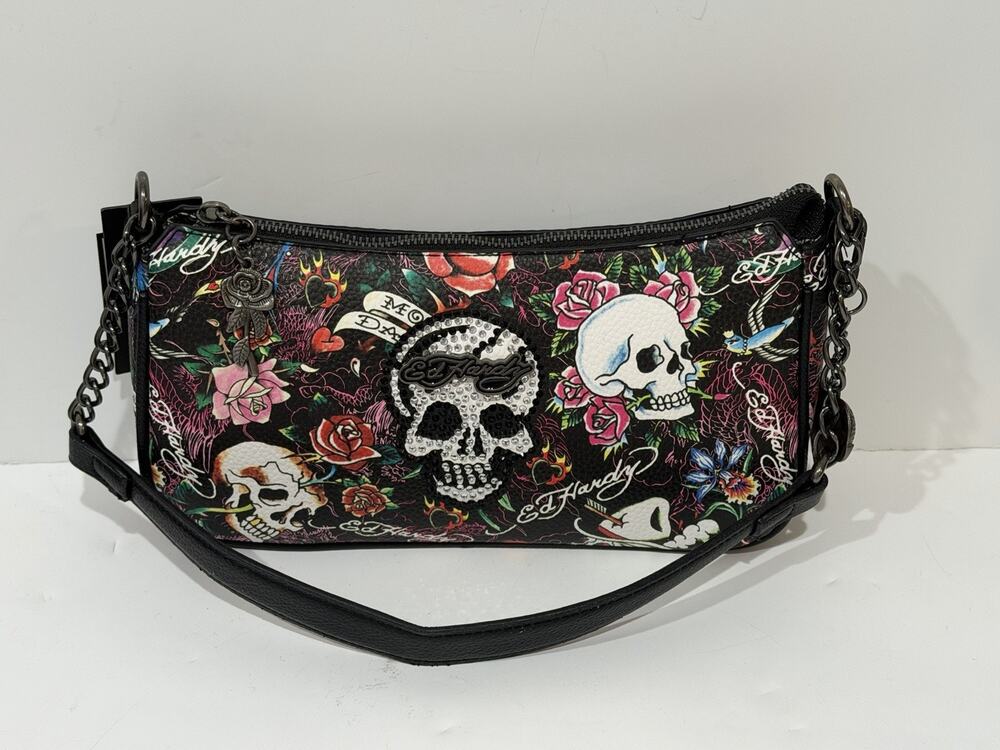 Ed Hardy Vegan Leather Crossbody Shoulder Bag allover colorful tattoo print Y2K
